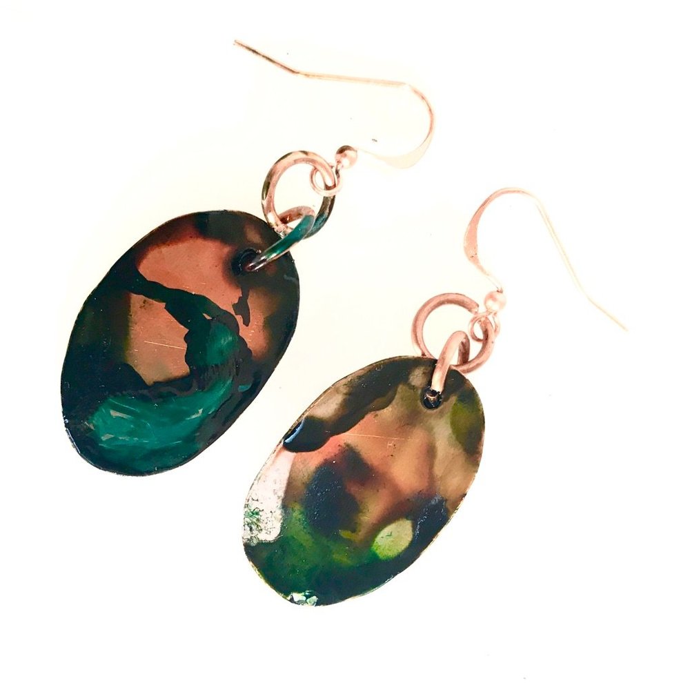 Modernist Geometric Abstract Green Blue Red Orange Solid Copper Earrings Drop - Picture 7 of 10